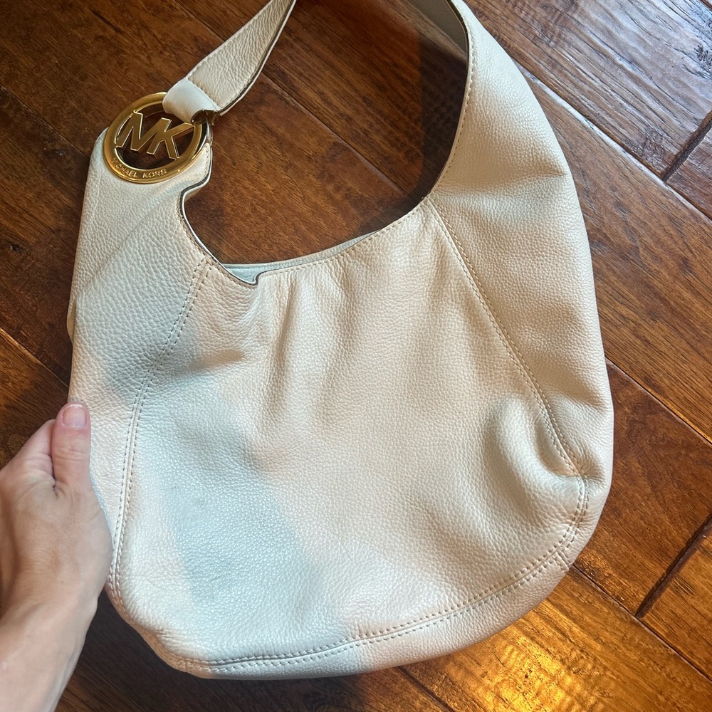 Michael Kors Off-White Pebbled Leather Hobo with Gold MK Charm
